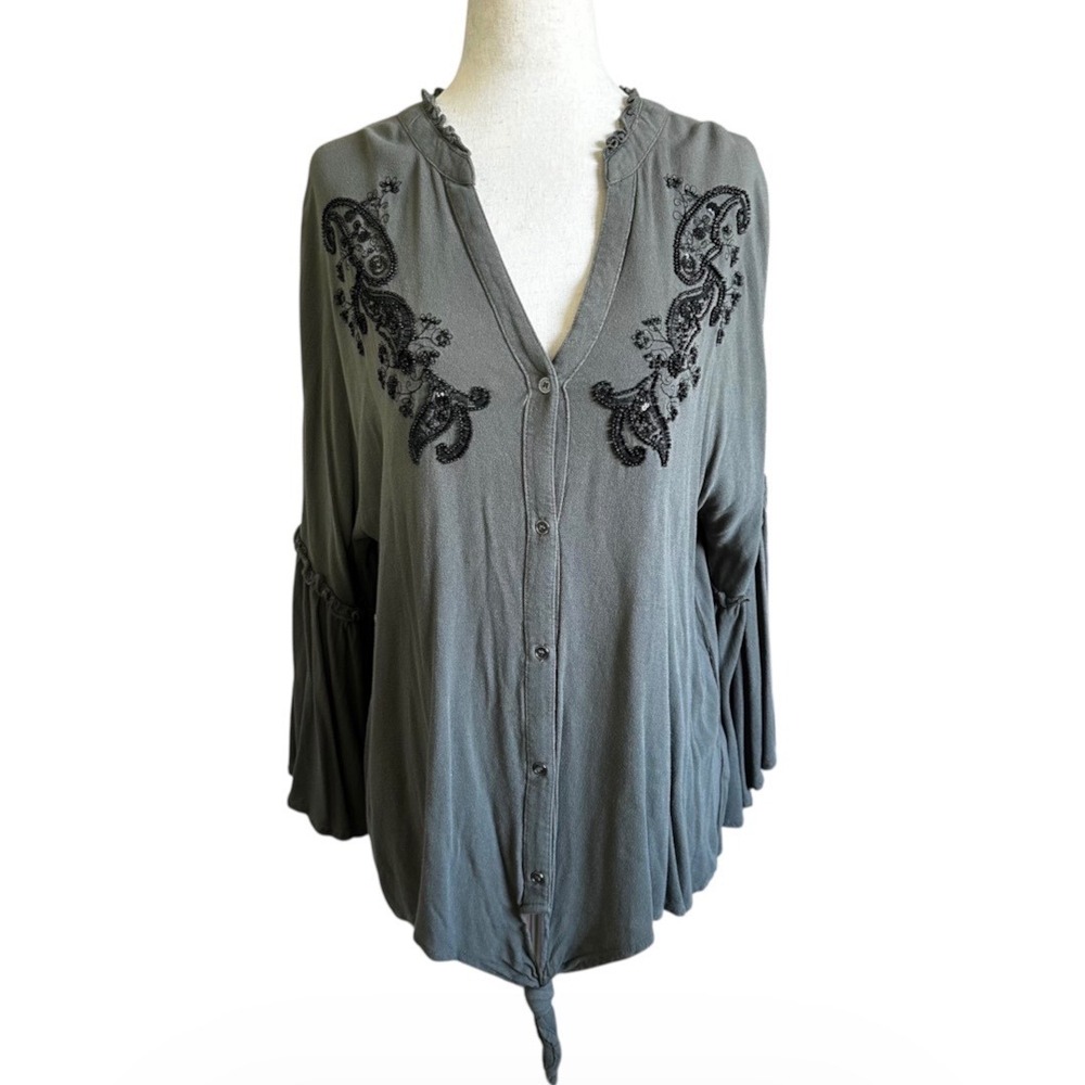 Democracy Olive Green Beaded Bell Sleeve Tie Front Top Large Shirt | 0202